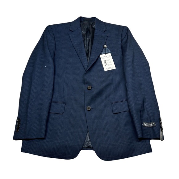 Lauren Ralph Lauren Suit Jacket Mens 40R‎ 40 Navy Plaid Stretch Sport Coat $450 - Picture 1 of 13
